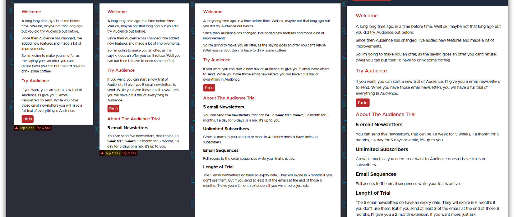 A screenshot of Polypane debugging a page on the new Audience website. It shows 4 views of the same page.